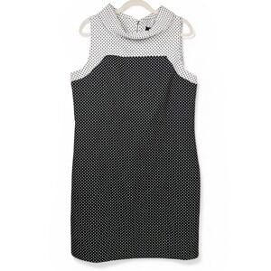 DKNY Women's Mod Polka Dot Colorblock Funnel Neck Shift Dress Black White 14